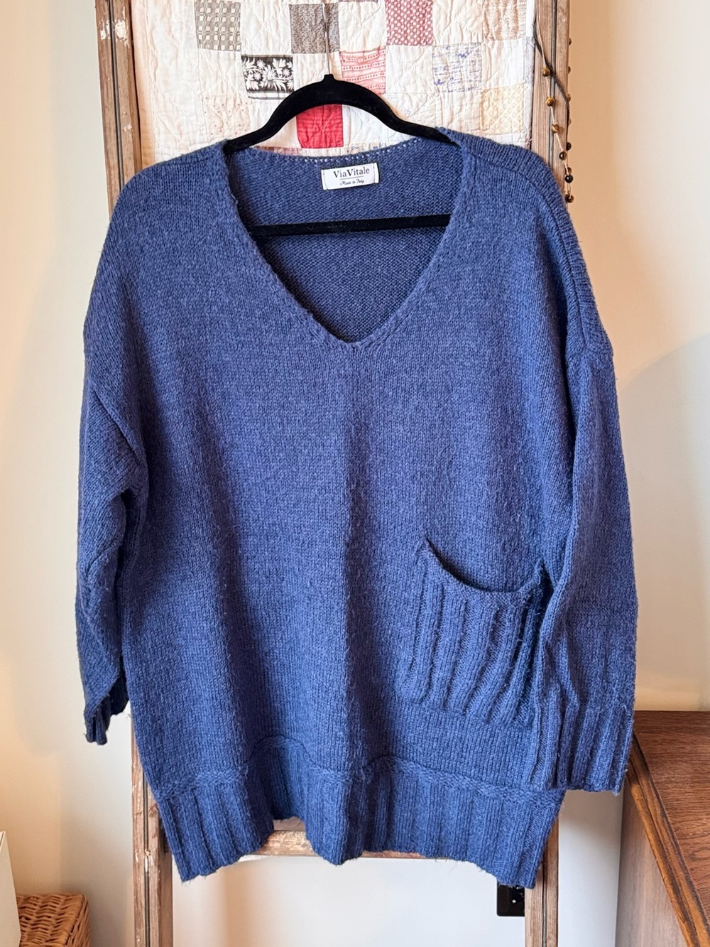 Blue V-Neck Pocket Sweater